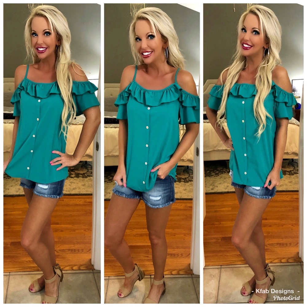 💕LAST 2! Teal Ruffled Woven Open Shoulder Blouse - Picture 1 of 8